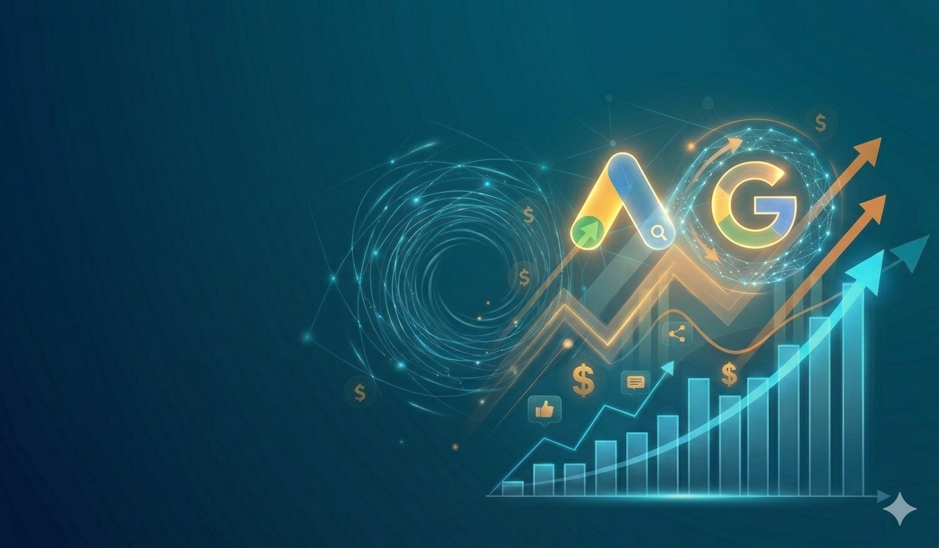 Glowing Google search bar visual with high-intent keyword clouds and upward ROI charts, representing scalable direct customer acquisition for US businesses.