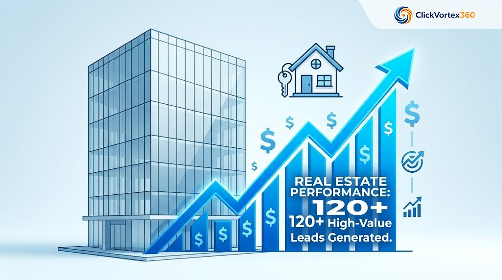 Premium high-rise apartment building visual with an upward growth graph showing high-value Real Estate leads generated for US agents.