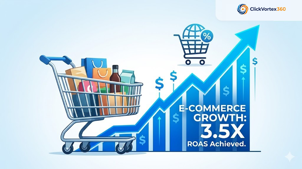 Premium e-commerce shopping cart with luxury goods and a surging upward graph showing 3.5X ROAS achieved.