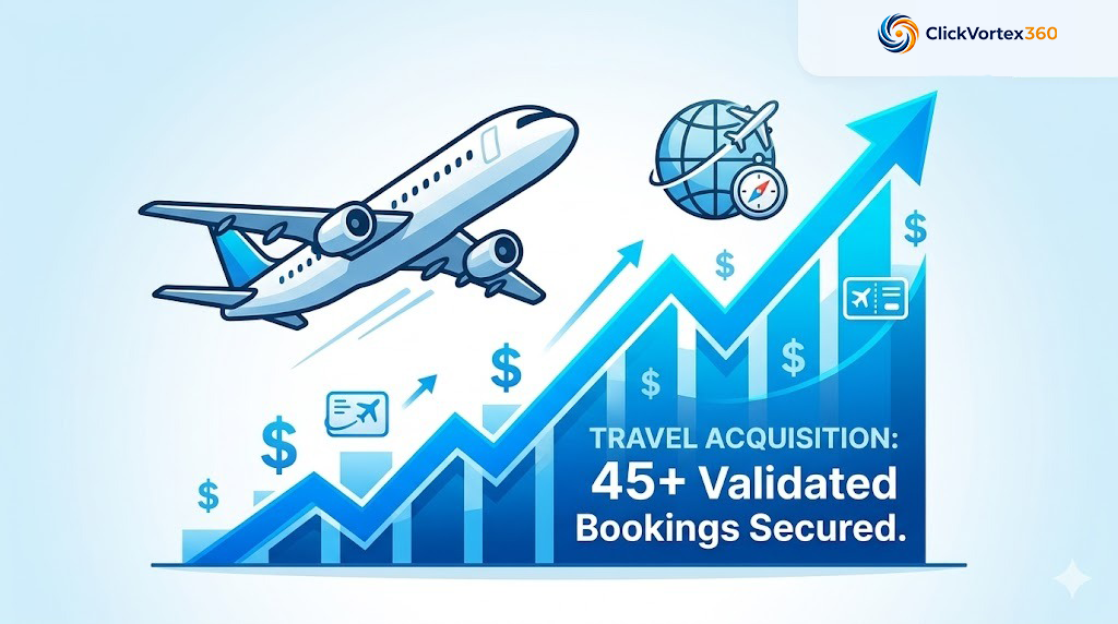 Modern airplane flying over a growth chart showing 45+ validated bookings for travel agencies.